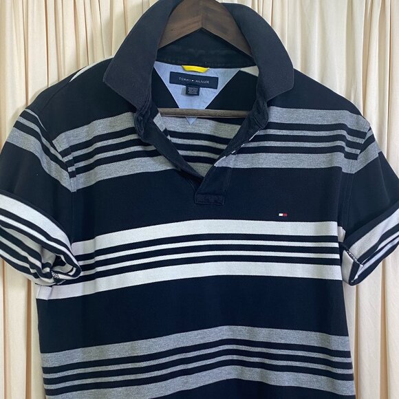 Tommy Hilfiger Blue and White Stripe Polo, Medium - Picture 1 of 7